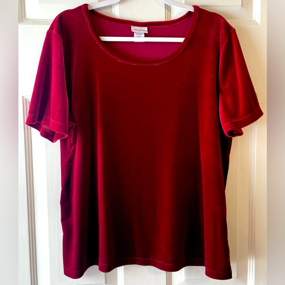 Vintage Jaclyn Smith Ruby Red Velour Knit Scoop Neck Short Sleeve Dressy Top XXL